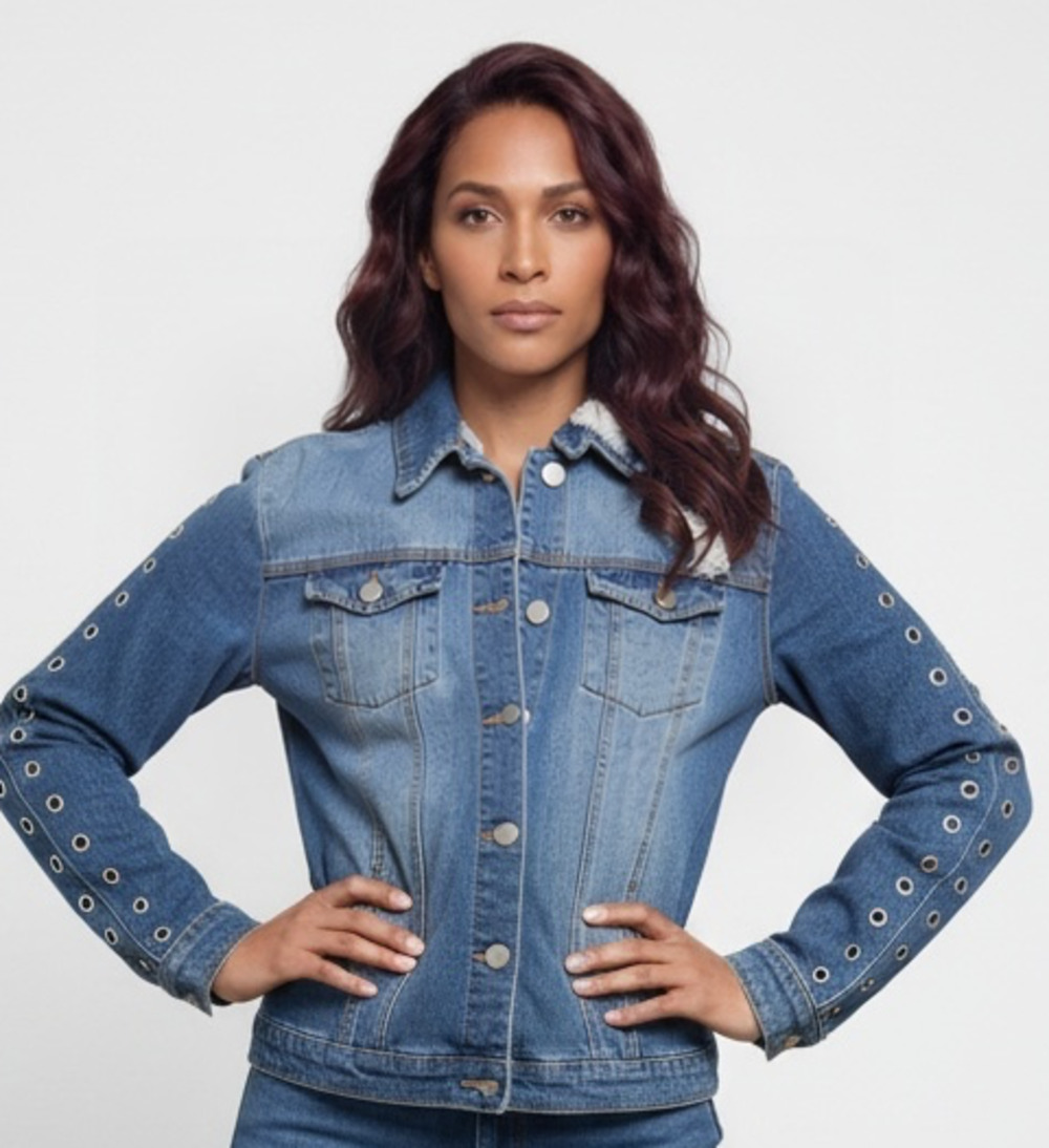 Ashley Mason Distressed Denim Jacket with Grommet Studded Sleeves Size XL